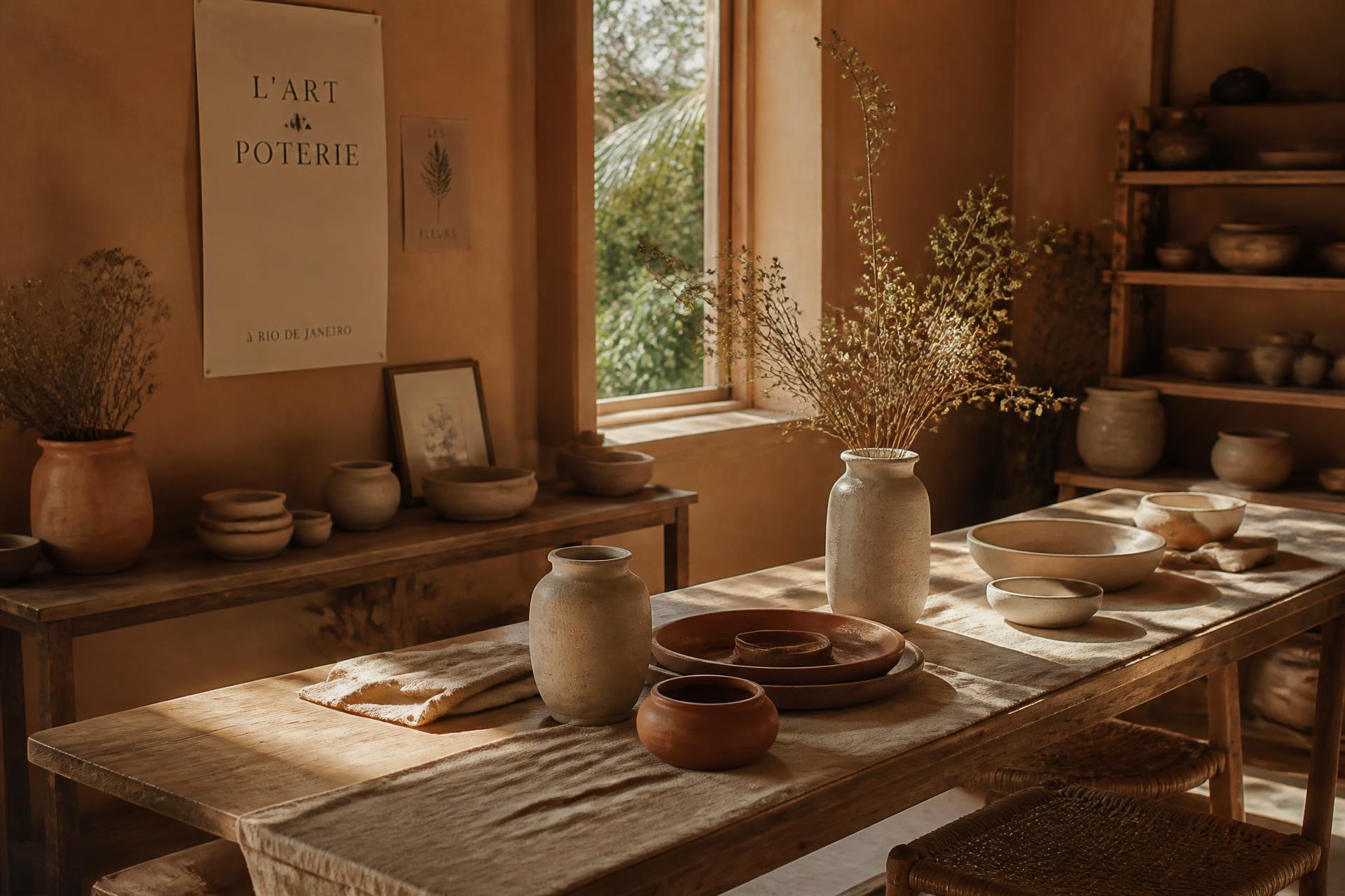 Ateliê da Casa DePara com mesa de madeira, cerâmicas feitas à mão e flores secas sob luz natural